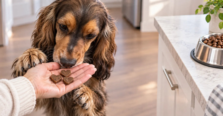 A spaniel in a kitchen counter with a bowl of kibble and a jar of supplement chews, illustrating the question of whether dogs need a daily multivitamin.
