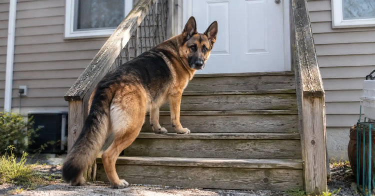 German Shepherd pausing at the bottom of garden steps, looking up