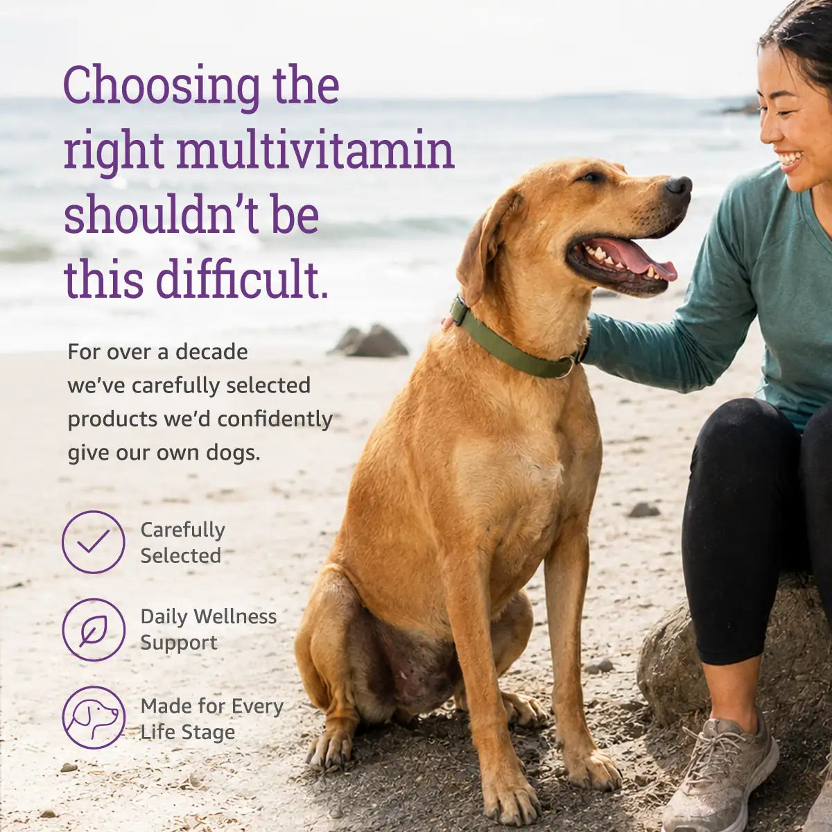 Dog and owner together, highlighting NuLife Complete Multivitamin for everyday wellness support.