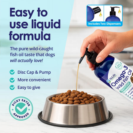 Fish oil being pumped onto kibble in a dog bowl, showing easy-to-use dual dispenser caps