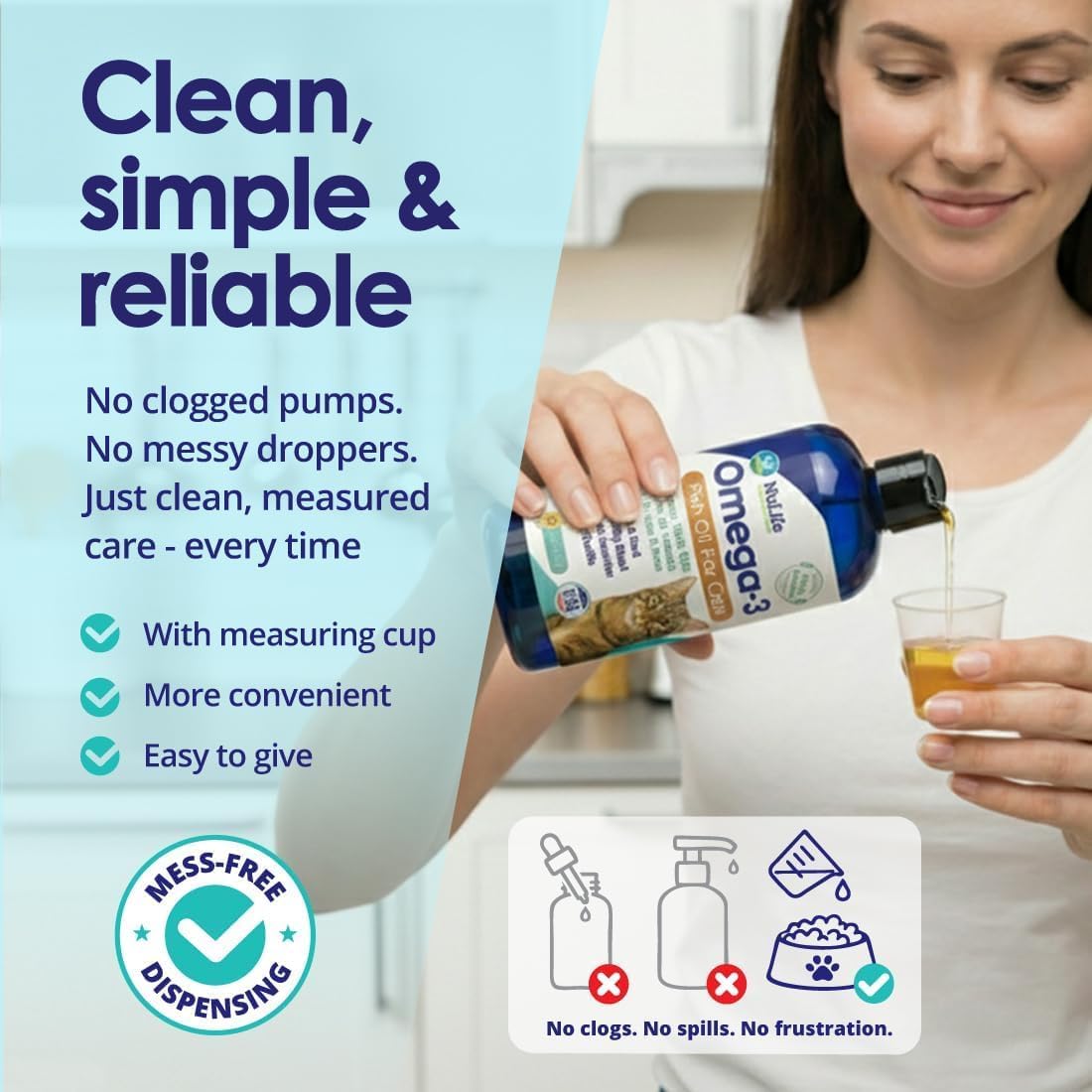 Woman pouring supplement from a bottle into a cup with text about clean, simple, and reliable dispensing.