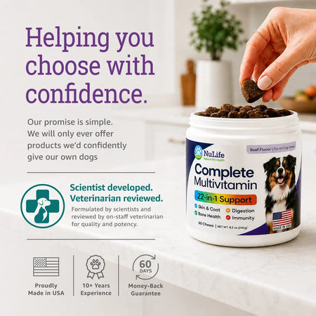 NuLife Complete Multivitamin with scientist developed, veterinarian reviewed and quality assurance credentials.