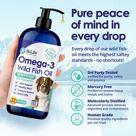 NuLife Omega-3 Wild Fish Oil 32 oz bottle with pump dispenser, joint and immune support for dogs