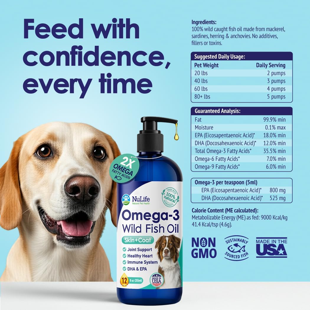 Feeding chart and guaranteed analysis for NuLife Omega-3 Wild Fish Oil by dog weight