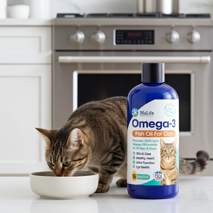 Cat eating from a bowl with a bottle of NuLife Omega-3 Fish Oil for Cats on a kitchen counter.