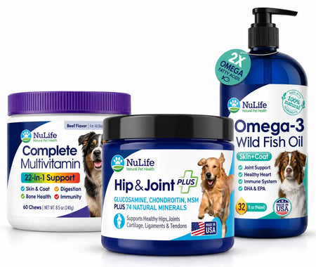 Three NuLife pet supplement products displayed together on a white background: a white jar of Complete Multivitamin with a purple lid, a blue jar of Hip & Joint Plus with a black lid, and a blue bottle of Omega-3 Wild Fish with a teal cap.