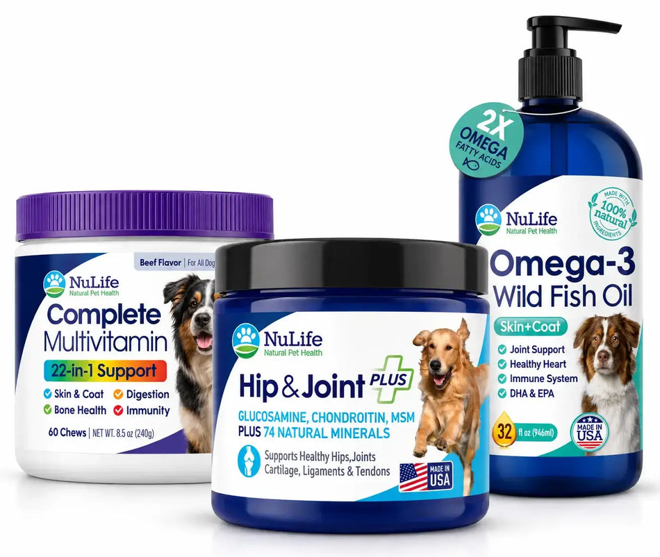 Three NuLife pet supplement products displayed together on a white background: a white jar of Complete Multivitamin with a purple lid, a blue jar of Hip & Joint Plus with a black lid, and a blue bottle of Omega-3 Wild Fish with a teal cap.