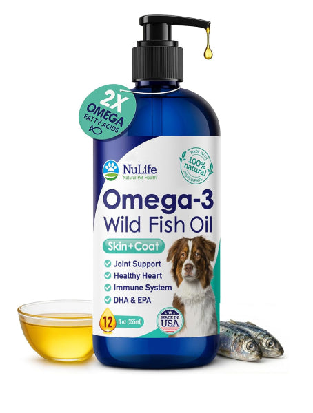 NuLife Omega-3 Wild Fish Oil pump bottle for dogs, third-party tested and mercury-free