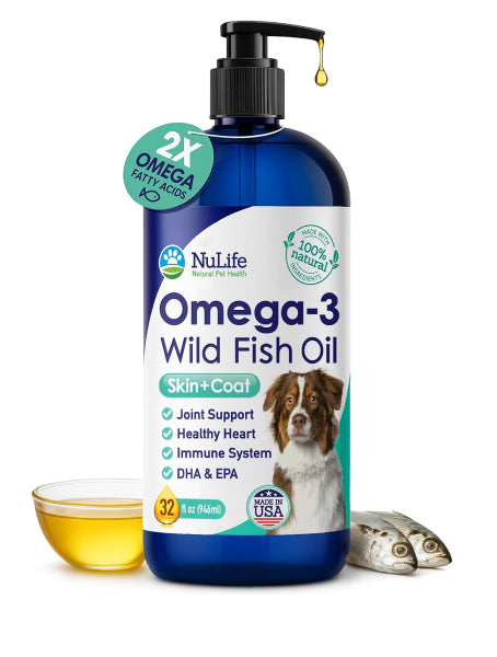 NuLife Omega-3 Wild Fish Oil pump bottle for dogs, third-party tested and mercury-free