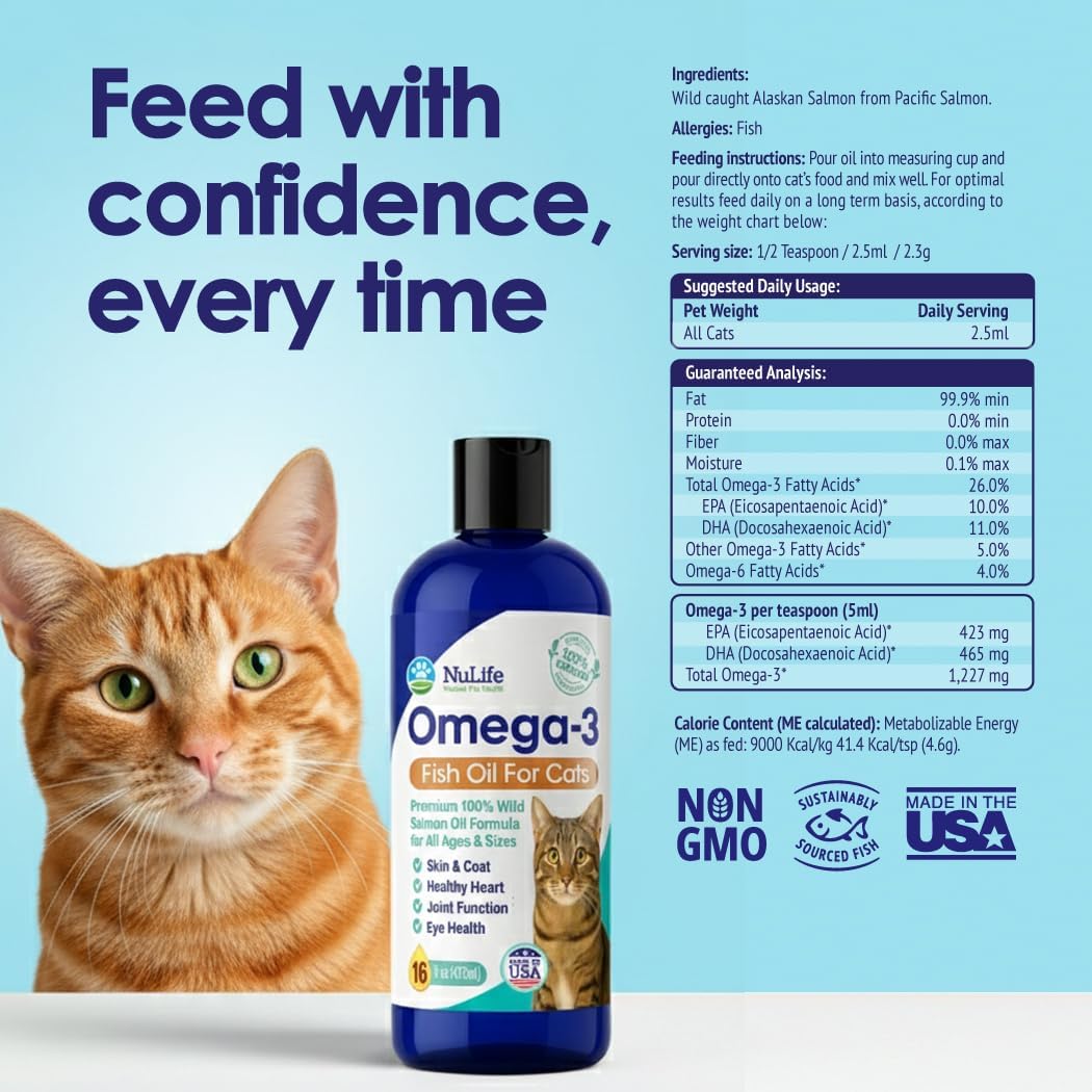 Omega 3 Fish Oil for Cats – Premium Wild Alaskan Salmon Oil – 16oz - NuLife Natural Pet Health