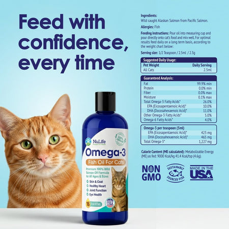 Omega 3 Fish Oil for Cats – Premium Wild Alaskan Salmon Oil – 16oz - NuLife Natural Pet Health