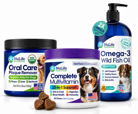 Three NuLife pet supplement products arranged together on a white background: an Oral Care Plaque Remover jar with a black lid, a Complete Multivitamin container with a purple lid, and an Omega-3 Wild Fish Oil bottle with a black pump. A few brown kibble chews are placed in front of the center jar.
