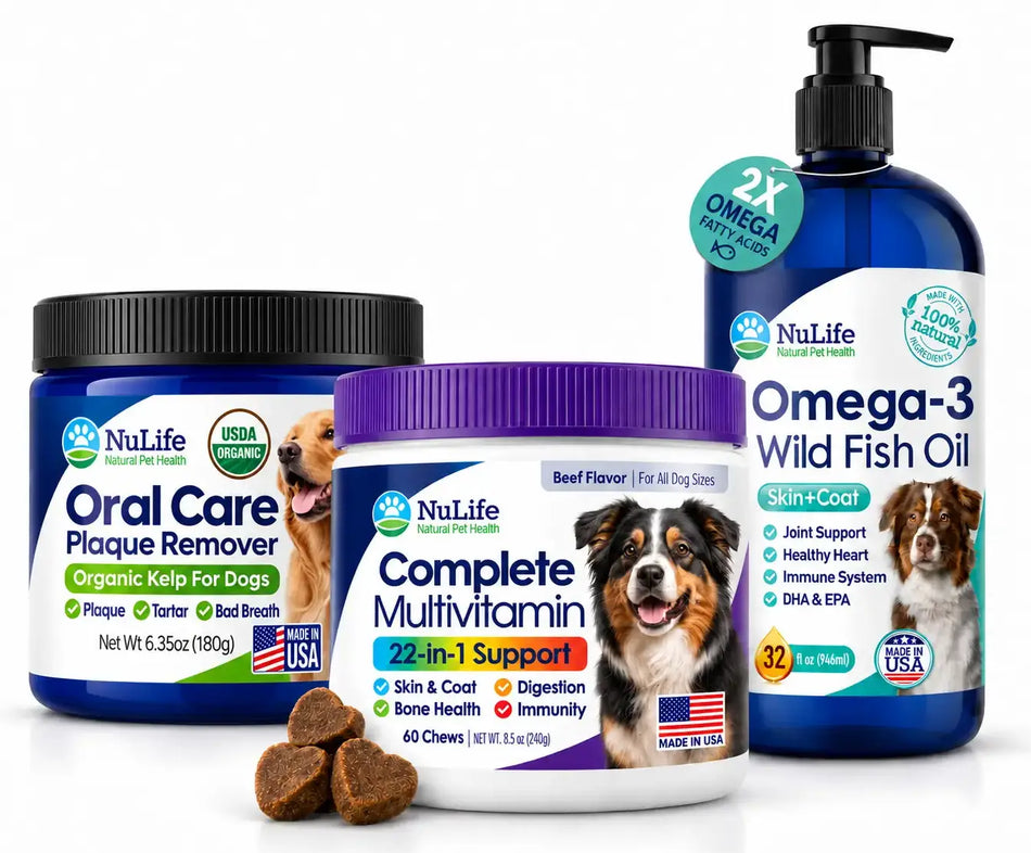 Three NuLife pet supplement products arranged together on a white background: an Oral Care Plaque Remover jar with a black lid, a Complete Multivitamin container with a purple lid, and an Omega-3 Wild Fish Oil bottle with a black pump. A few brown kibble chews are placed in front of the center jar.